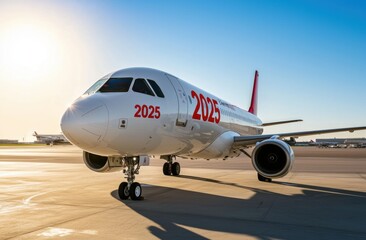 Fototapeta premium Modern Airplane on Tarmac with Bright Sunlight and Future Year 2025