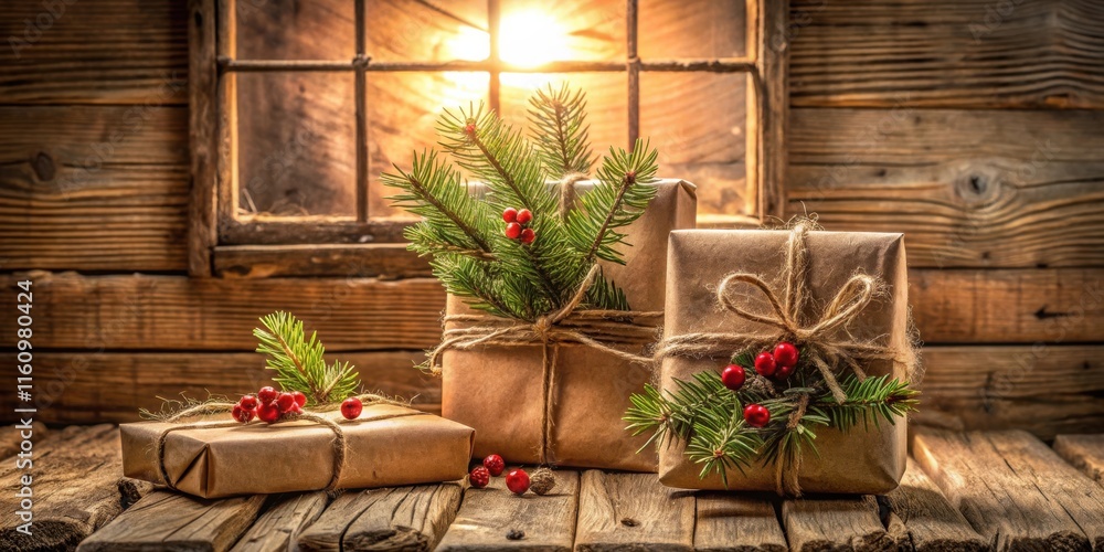 Aufkleber Rustic Christmas Presents Adorned with Evergreen and Red Berries on a Weathered Wooden Surface Illuminated by Warm Sunlight Streaming Through a Window