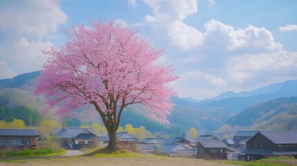 A magnificent and beautiful cherry blossom tree standing alone, with a peaceful and beautiful view...