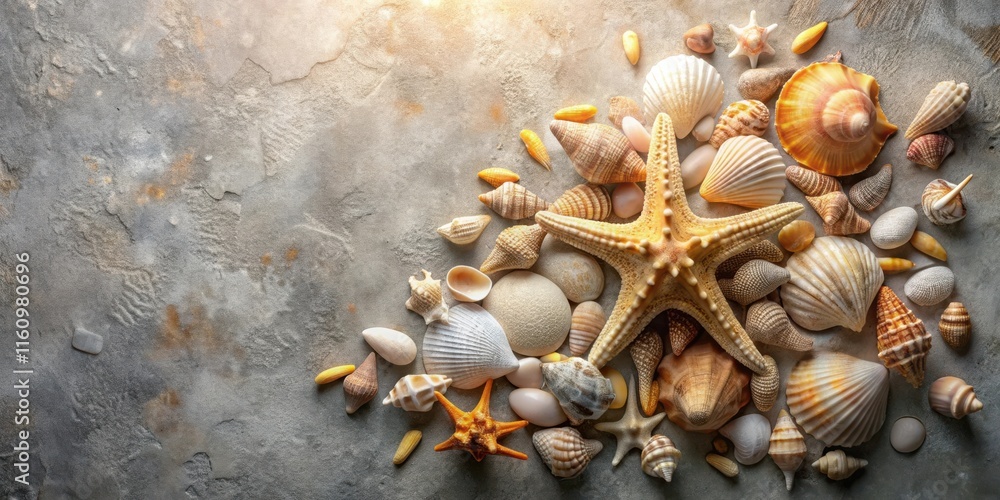 Poster a collection of seashells and a starfish arranged on a textured surface, capturing the essence of th