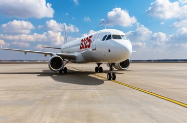 Modern Aircraft on Runway Under Bright Sky with Fluffy Clouds