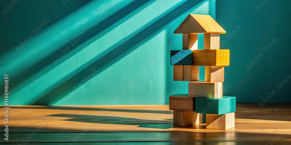 Aufkleber Wooden blocks arranged in a house-like structure on a wooden surface with a teal backdrop illuminated by a single beam of sunlight