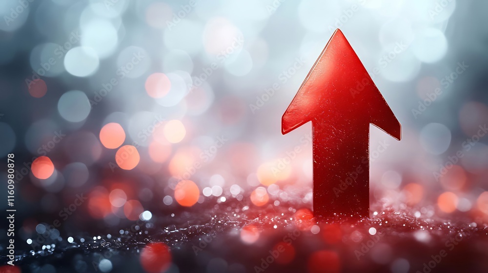 Poster red arrow pointing upward on bokeh background.