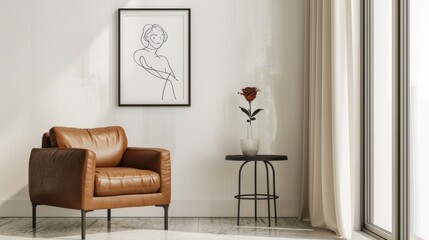 Modern minimalist living room interior with art print, armchair, and rose.