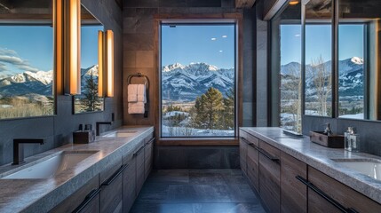 Fototapeta premium Corner of cozy bathroom with gray and dark wooden walls and floor, comfortable double sink with two vertical mirrors standing on wooden countertop. Window with blurry mountain view. 3d rendering