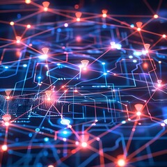 Obraz premium Abstract depiction of a glowing network with interconnected nodes and lines in blue and red. Represents connectivity, data flow, and technology infrastructure. 