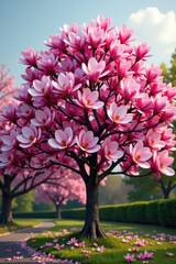 Obraz premium Full pink magnolia blooms covering the entire tree, tree, blooms