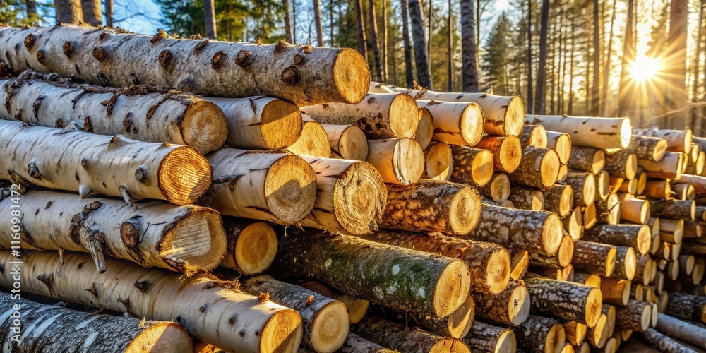 Poster a pile of logs bathed in the golden light of the setting sun in a forest