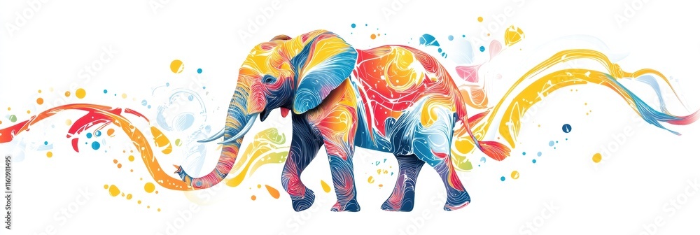 Poster Illustration of a colorful elephant with vibrant designs and ample copy space for text placement. Generative AI