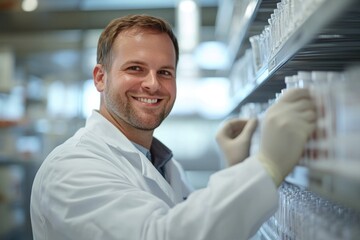 Fototapeta premium Smiling scientist organizes test tubes in modern laboratory sett