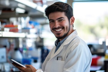 Obraz premium Smiling scientist in laboratory, engaging with technology and re