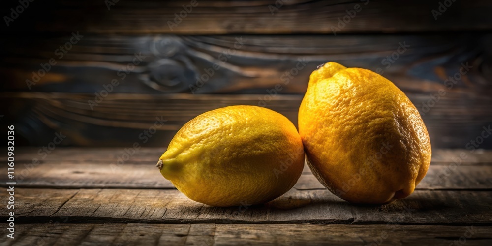 Poster a pair of yellow lemons rest on a rustic wooden surface, bathed in warm light, their textured rinds 