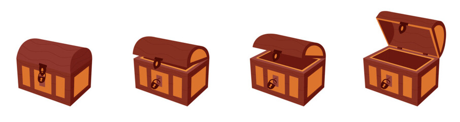 Chests set. Set of wooden chests with open and closed lid. Chests for pirate treasures.