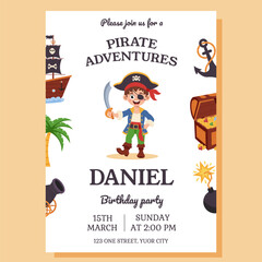 Pirate invitation. Birthday party invitation with pirate elements. Greeting card, postcard, poster.