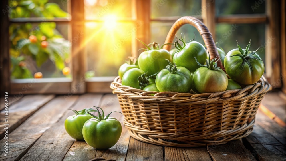 Poster a wicker basket overflowing with green tomatoes sits on a rustic wooden surface, bathed in the golde