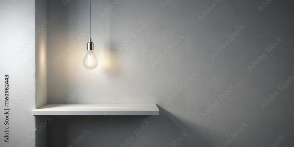 Poster a minimalist white shelf against a gray wall with a single lightbulb illuminating the scene