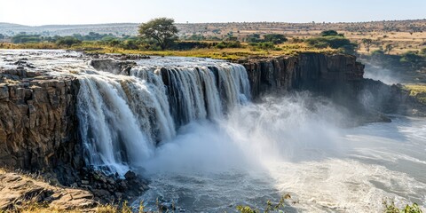 Fototapeta premium A powerful waterfall with cascading water flowing down into a pool, creating mist and spray.
