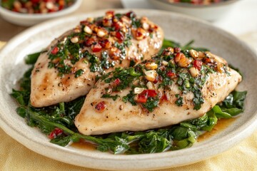 Delicious baked chicken breast served on a bed of fresh greens with a flavorful topping