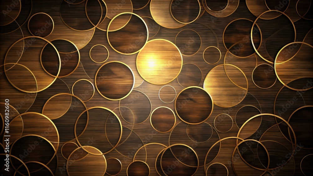 Poster a captivating abstract design with golden circles layered on a rich brown wooden surface, showcasing