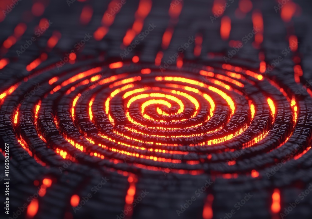 Poster abstract spiral pattern with glowing red lines on dark background