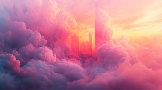 Soft pink clouds envelop towering structures, creating dreamy, e