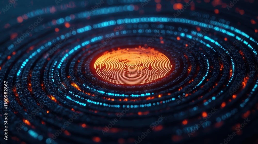 Poster abstract digital waves with orange and blue circular patterns
