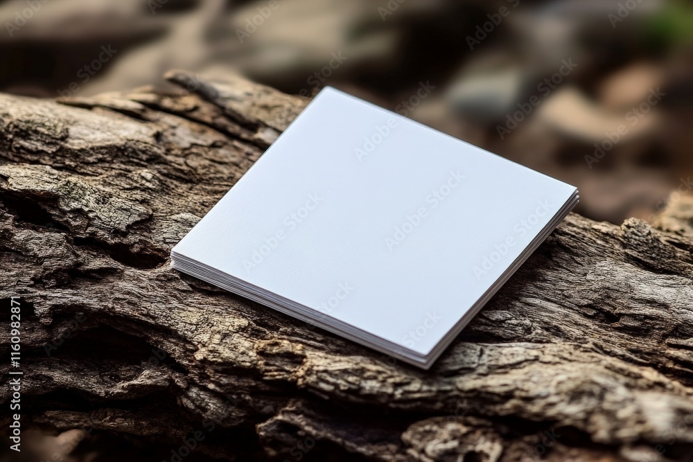 Poster blank notepad resting on a wooden surface in a natural setting during daylight hours