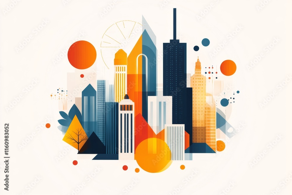 Poster a stylized geometric illustration of a city skyline at dusk, with simple blocks of color creating de