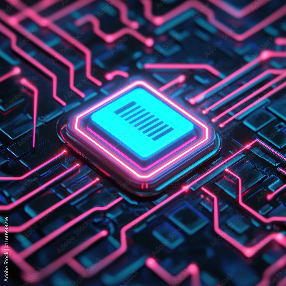 Poster futuristic circuit board with neon elements and microchip design