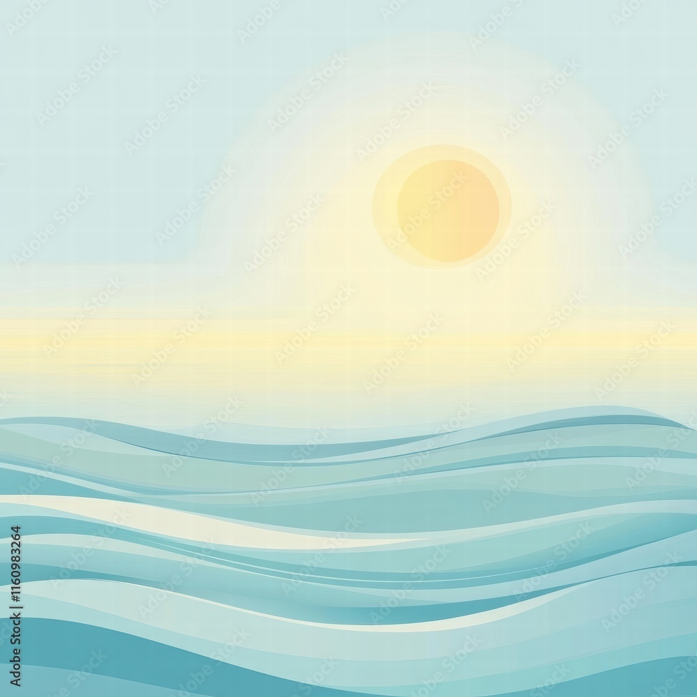 Poster Stylized sun rising over soft waves with plenty of blank space for text or messages suitable for various uses. Generative AI