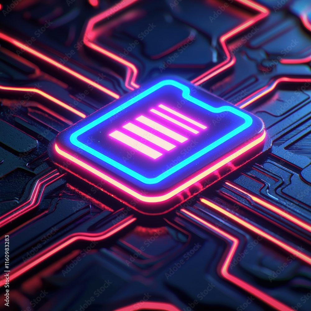 Poster neon circuit board with data folder icon in futuristic style