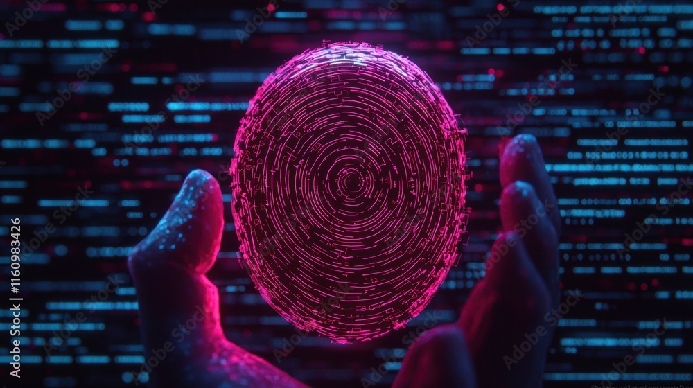 Aufkleber digital fingerprint with neon glow in futuristic data environment