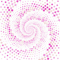 Pink and white background with stars and polka dots arranged in a spiral pattern