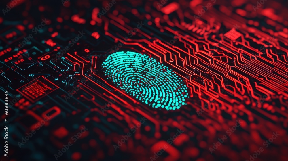 Poster digital fingerprint on circuit board pattern in red and blue light