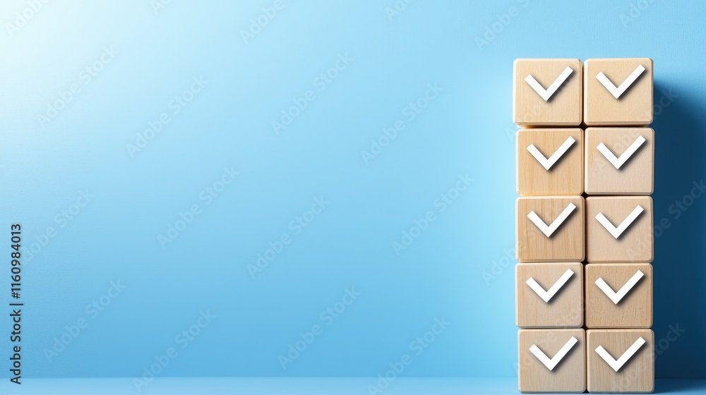 Poster organizing success stacked checkmark blocks minimalist background visual content business environmen