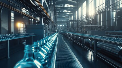 Naklejka premium Bottling plant - Water bottling line for processing and bottling carbonated water into bottles. Selective focus. 