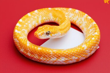 Fototapeta premium Orange and White Snake Coiled on a Red Background with Texture