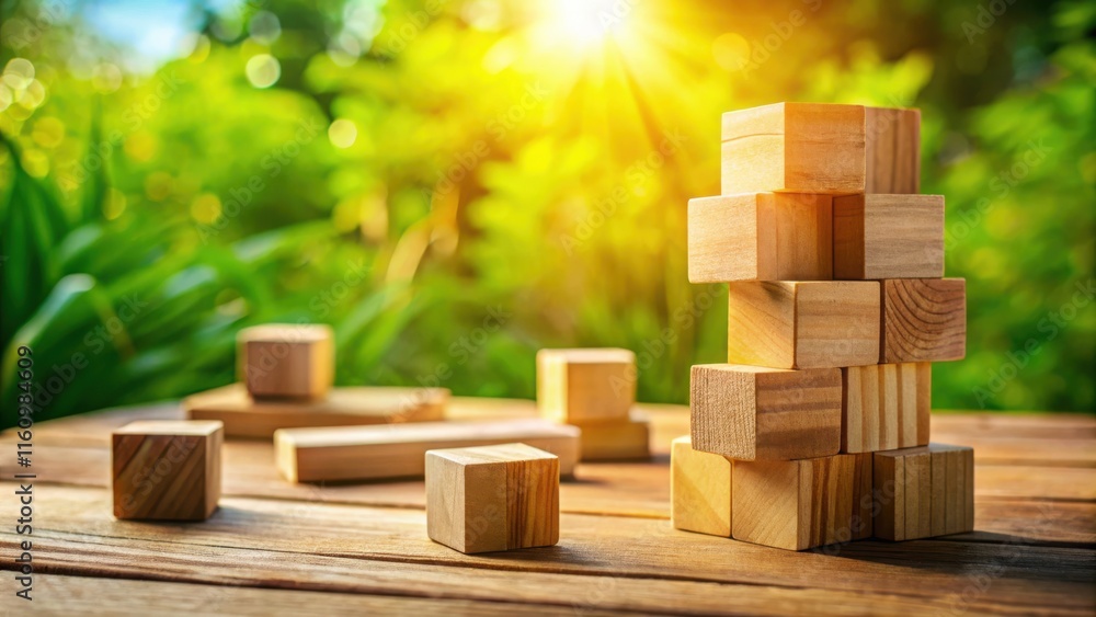 Aufkleber A Stack of Wooden Blocks on a Wooden Surface with a Green Blurry Background and Sunlight Shining Through the Leaves