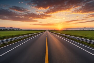 Fototapeta premium arafed road with a yellow line going through a field
