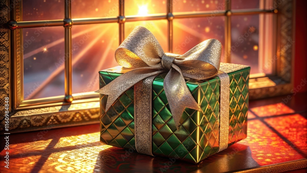 Poster a sparkling green gift box with a golden bow sits on a window sill, bathed in the warm glow of the s