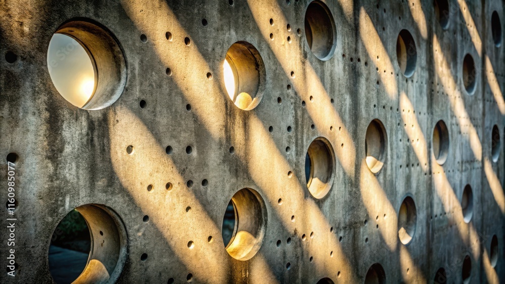 Poster a concrete wall with circular openings casts abstract shadows from the sun's rays