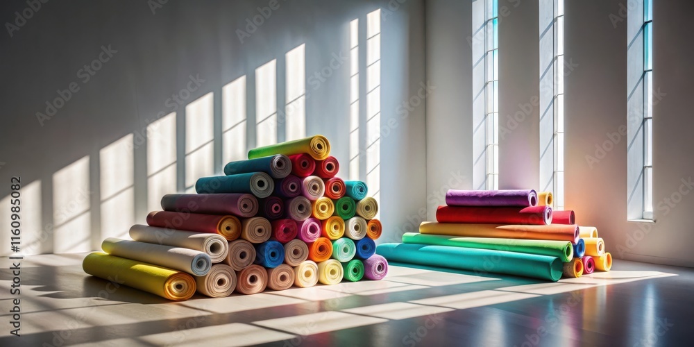 Poster A pyramid of colorful fabric rolls against a backdrop of light streaming through a window with geometric shadows playing on the wall and floor.