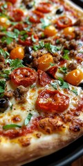Delicious Close-Up of Freshly Baked Pizza with Toppings and Herbs