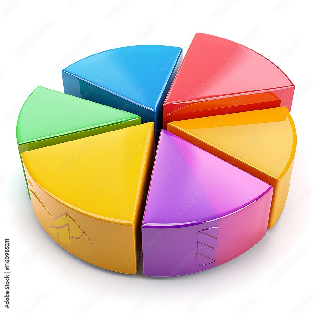 Poster a vibrant 3d pie chart with distinct colorful segments. represents data visualization, statistics, a