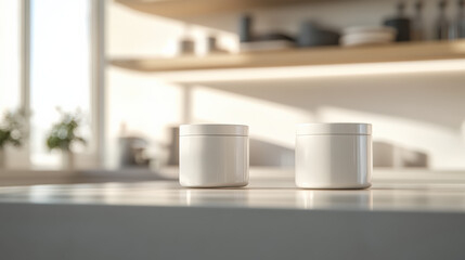 two white cream jar mock up sliding on top of the kitchen island, motion blurred,The background is a clean, white, bright light. realistic photography