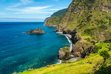 Scenic panoramic view from Miradouro de Sao Cristovao on a summer morning, Madeira island, Portugal.