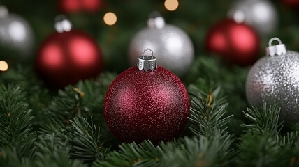 Fototapeta premium Red and Silver Christmas Ornaments on Green Tree Branches