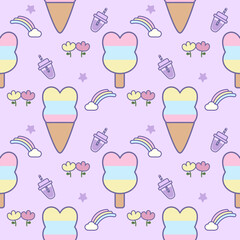 Ice cream rainbow rabbit cartoon so cute. On rainbow cloud star drink flower purple background. Pattern seamless vector illustration. 