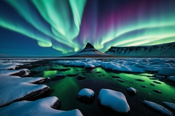 arafed view of a mountain with a green and purple aurora bore