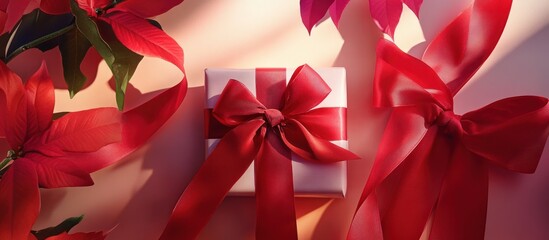 Gift box with red ribbon and poinsettia flowers.